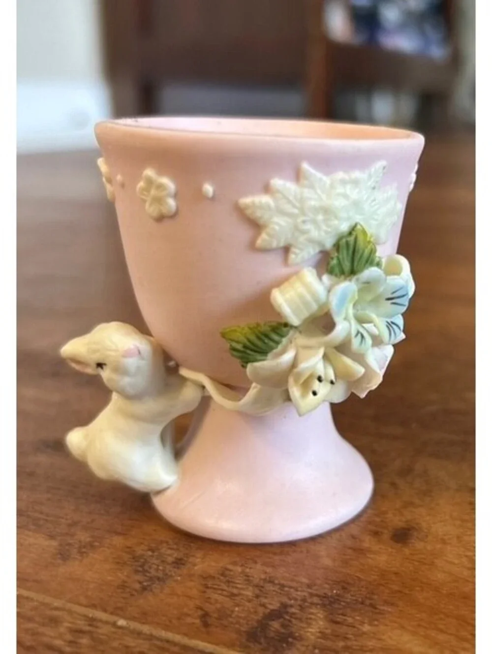 Vintage Pink Ceramic Egg Cup with Bunny and Floral Detailing